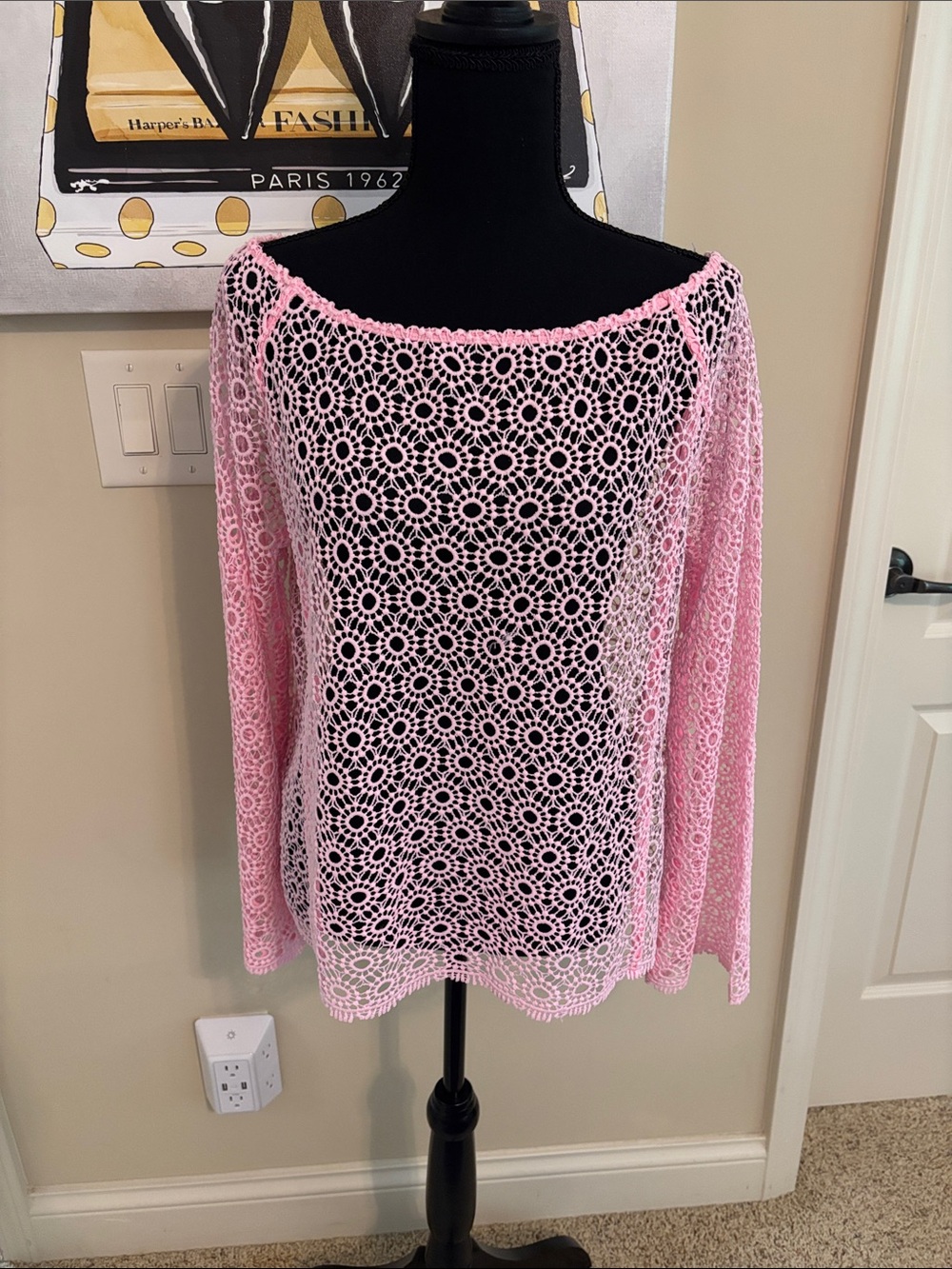 Women's Pink Crochet Long-Sleeve Tunic Top